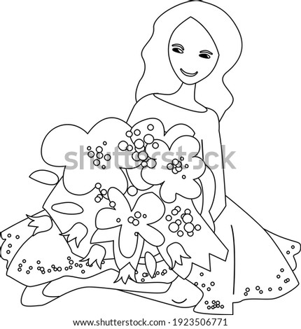 Young woman carries present - a big bunch of roses.  Black and white linear contour illustration for coloring book.