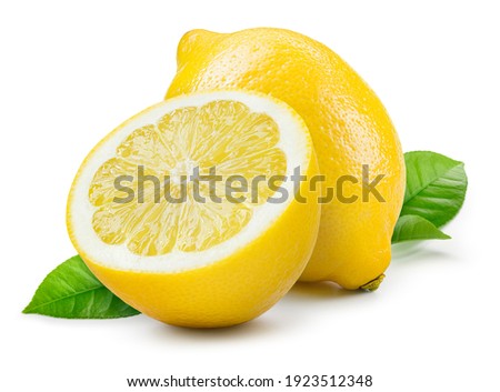 Lemon isolate on white. Lemon fruit whole and a half with leaves. Side view on white. With clipping path. Royalty-Free Stock Photo #1923512348