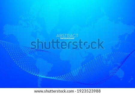 Abstract world map digital technology concept, flowing line, smooth particle wave, big data techno, design concept background and wallpaper, vector eps
