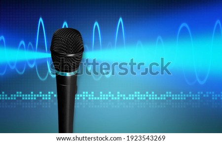 Professional microphone with voice waveform on a dark background, sound studio recording