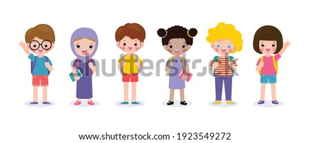 Set of school kids with school supplies, preschoolers children teenagers characters in different poses and Pupils with books and backpack isolated on white background vector illustration flat style