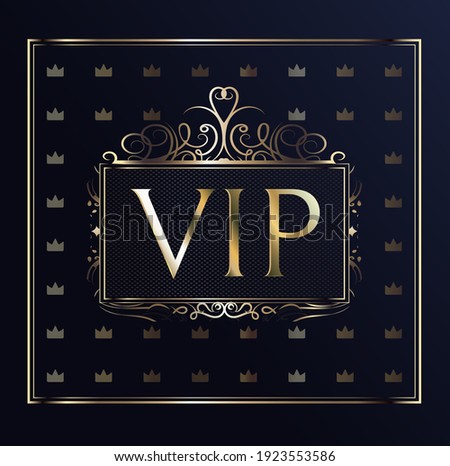 Vectors VIP card. Gold card with a crown. Blue gradient geometric ornament in oriental style. Background with gold lettering invitation. Luxury design for VIP members. Shine and luxury.