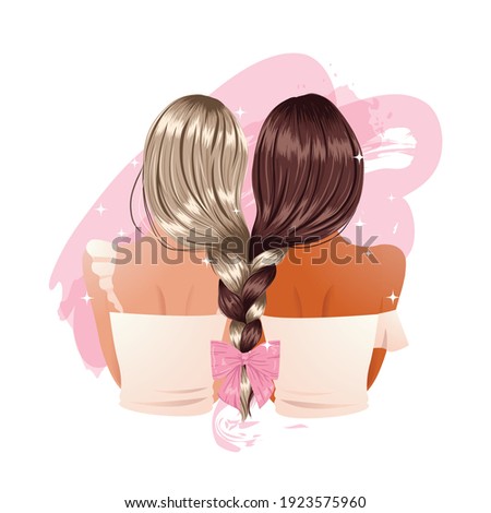 Girl friend braid stylish hairstyle decorated with ribbon. Friendship concept clip art. Flat vector illustration 