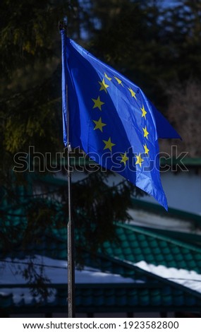 European flag hoisted at a cottage in Busteni, Romania.