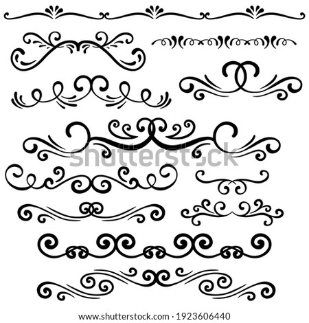 Hand drawn curly ornamental dividers. Callighraphy card poster wedding engagement menu  ornamental decorative elements. Isolated graphic vector object set.