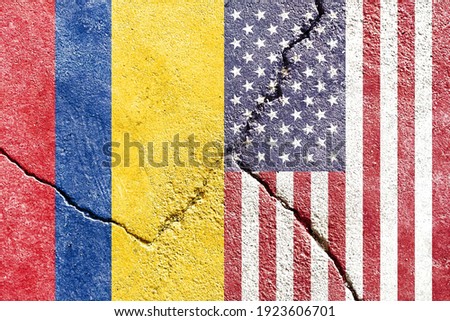 Colombia VS USA vertical national flags icon pattern isolated on broken weathered cracked wall background, abstract international political relationship friendship conflicts concept texture wallpaper