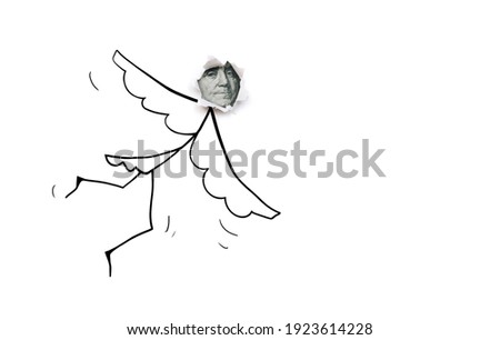 Benjamin Franklin's head from a hundred dollar bill in a torn hole in white paper.A funny drawn man Icarus with wings flies up. The concept of economy growth rate, stock exchange. Joke, copy space.