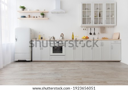 Rent of modern housing sale of new apartment, modern renovation. White furniture with utensils, shelves with crockery and plants in pots, refrigerator in simple minimal dining room, empty space Royalty-Free Stock Photo #1923656051