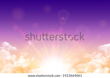 Realistic magic bright orange desert sky with sun, sunbeam and white clouds. Vector background of daytime sunny sky. Royalty-Free Stock Photo #1923664061