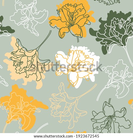 Seamless botanical pattern with lily flowers. Surface design with line and spot print. Vector illustration. 