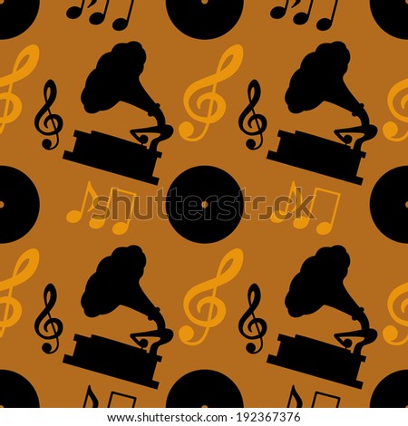 Seamless pattern with musical notes, treble clef, gramophone, vinyl record. Endless print silhouette texture. Retro. Vintage style - vector 