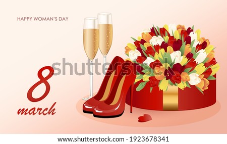 Happy women's day. Poster, card, web banner for womens day with  bouquet of tulips, champagne glasses and women's red shoes. Vector illustration.