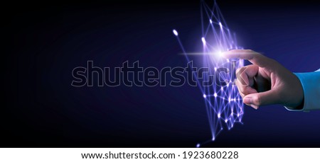 Hand touching modern interface digital transformation concept. Connection next generation technology and new era of innovation. Royalty-Free Stock Photo #1923680228