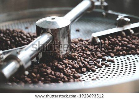 fresh coffee beans in roast machine, arabica roasted coffee  Royalty-Free Stock Photo #1923693512