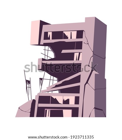 Destroyed building, damaged structure, consequences of a disaster, cataclysm or war, cartoon vector isolated illustration