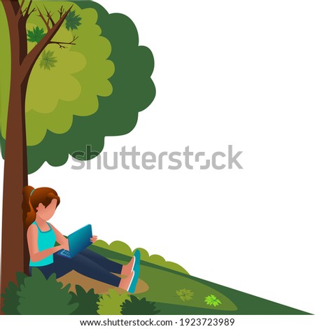 Office worker outdoors. During the lunch break, the character sits at a laptop. Online work, training. Communication via the Internet, job search. Freelancer. Free schedule. Cartoon style