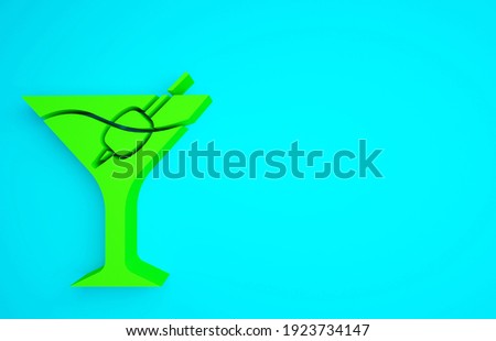 Green Martini glass icon isolated on blue background. Cocktail icon. Wine glass icon. Minimalism concept. 3d illustration 3D render.