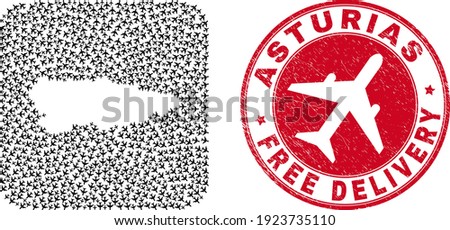 Vector collage Asturias Province map of air plane items and grunge Free Delivery stamp.