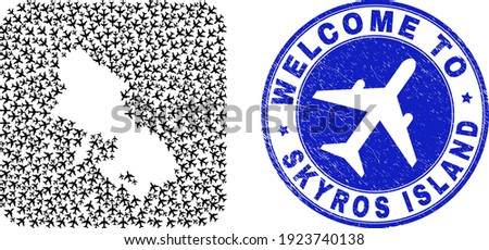 Vector mosaic Skyros Island map of sky jet items and grunge Welcome seal. Mosaic geographic Skyros Island map designed as hole from rounded square with airliners.