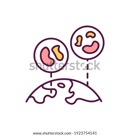 Disease mapping RGB color icon. Worldwide illness rate. Medical danger. Bacterial infection spreading. Sickness transmission over globe. Scientific data. Isolated vector illustration