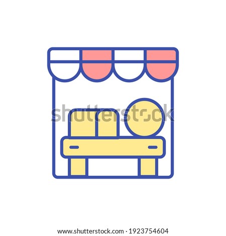 Farmers market stall RGB color icon. Grocery shopping. Store for organic foodstuff. Booth for natural products. Dairy industry. Purchase milk food. Cheese production. Isolated vector illustration