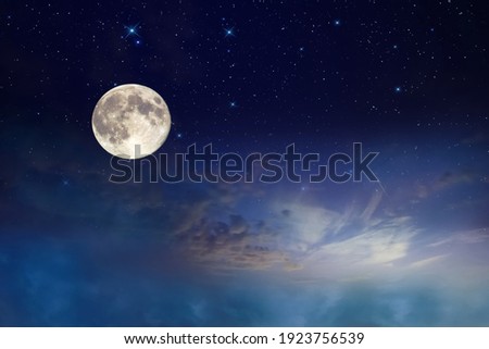 full moon on starry night at sunset sea , blue  pink cloudy sky sunset light horizon boat skyline nature landscape 