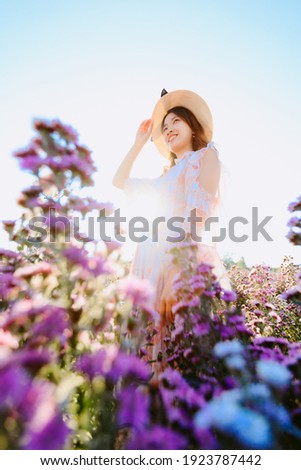 Beautiful pretty happy woman with straw hat in a margaret aster flowers fields at Chiang Mai, Thailand