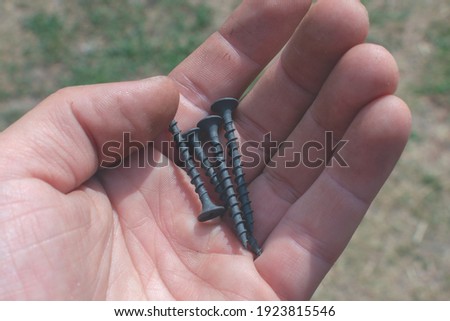 self-tapping screws for wood in a man's hand close-up.