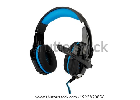 Professional headphones for gamers in blue isolates white background