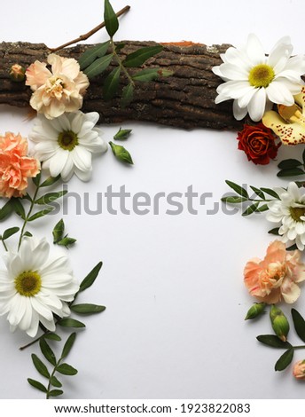 on a white background lies the brown bark of a tree decorated with bright flowers of yellow white and orange and a twig with green oblong leaves. for leaflets, business cards, labels, splash screens f