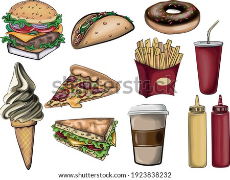 Fast food clip art - detailed vector  illustration - Set of high detailed Fast Food Dishes with Drinks and Desserts