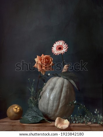  still life with pumpkin, rose, gerbera and quince