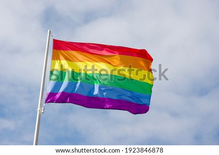 Rainbow flag, a symbol for the LGBT community, waving in the wind with a cloudy background Royalty-Free Stock Photo #1923846878