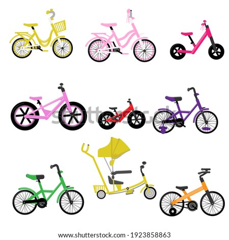 Set of kids bikes. Bicycles for children, for girls. Icons, vector, flat design.
