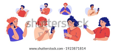 Collection of young happy smiling women using smartphones, chatting, making video call, calling their boyfriends. Couples, colleagues, friends communicate by phone. Vector flat cartoon illustration.