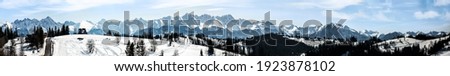 Extra wide panorama of Tatra mountains in winter viewed from Bukowina Tatrzanska in Poland. Good for a banner. Royalty-Free Stock Photo #1923878102