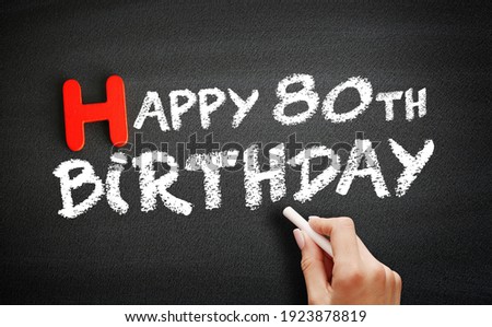 Happy 80th birthday text on blackboard, holiday concept background
