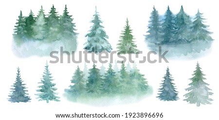 Set of spruce, pine trees, trees isolated on a white background. Landscapes. Illustration. Watercolor. Clip art.