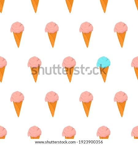 Seamless pattern with pink ice cream in waffle cone, eye catching element - blue ice cream. Hand drawn vector illustration. Summer textile design