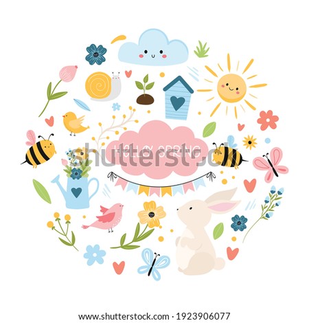 Hello Spring set with lettering, birds, bees, flowers, birdhouse, sun, bunny and other. Hand drawn, cartoon style vector illustration isolated on white. Round frame. 