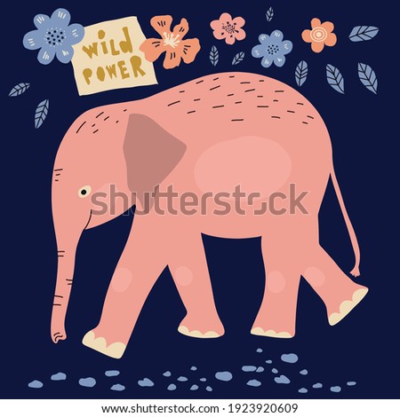 Elephant flat hand drawn vector illustration with lettering. Zoo, safari mammal. Savannah, jungle creature. Isolated wildlife clipart. Kid book, t-shirt, travel postcard.