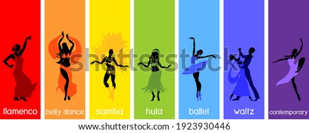 Various style dancing. Set with silhouettes of dancers of ballet, flamenco, oriental dance, hula, samba, waltz and contemporary Royalty-Free Stock Photo #1923930446