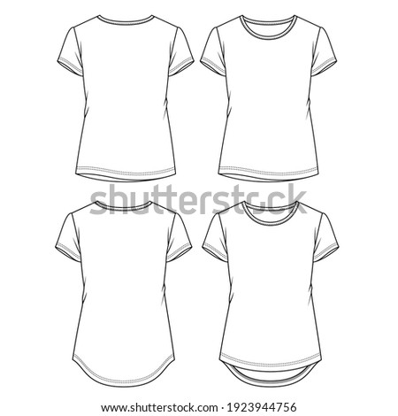 Women Basic t shirt fashion flat sketch template. Girls Short Sleeves Top Technical Fashion Illustration
