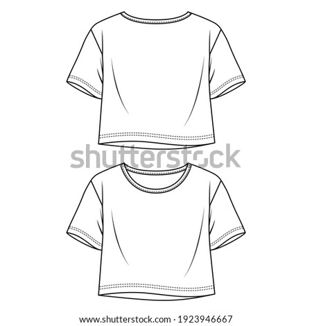 Women Flare Jersey Crop Top fashion flat sketch template. Girls Short Sleeves tee Technical Fashion Illustration. Relax Fit T-Shirt Royalty-Free Stock Photo #1923946667