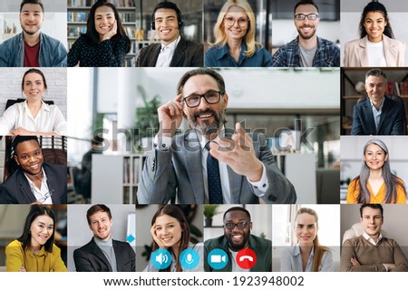 Webcam computer screen view at multiracial diverse business people group, involved in video conference, online meeting, using video call app, virtual online briefing concept Royalty-Free Stock Photo #1923948002