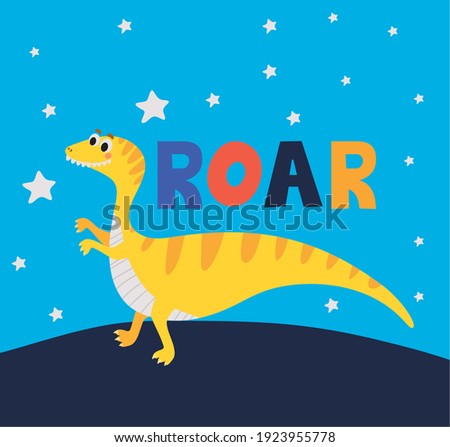 roar lettering and one kids illustration of a yellow dinosaur vector illustration design