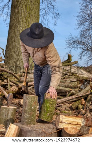 young man making firewood for the winter during summer time. Wood worker at the forest chopping firewood