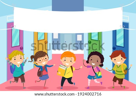 Illustration of Stickman Kids Students in School Hall with Blank Welcome Banner
