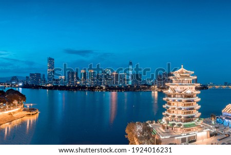 Night view of the city around Hejiang Tower, Huizhou City, Guangdong Province, China