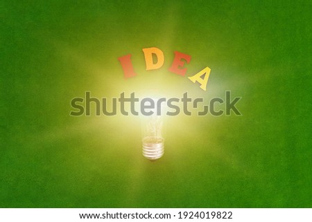 Electric light bulb, the word idea on a green background. Ideas for business projects, creative thinking.